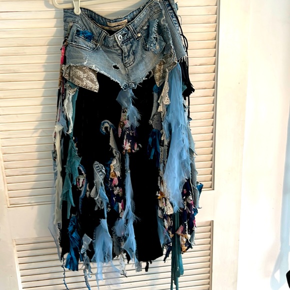 Upcycled Festival Skirt. Handmade from denim and assorted fabric. - Picture 1 of 4